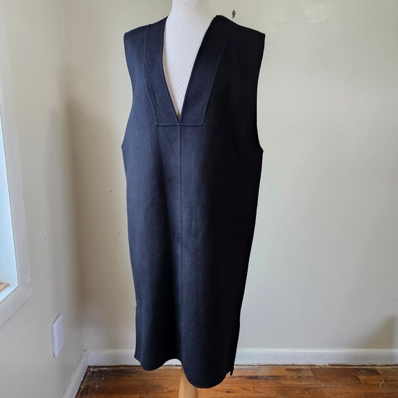 COS Boiled Wool Black V Neck Sleeveless Midi Dress Minimalist Chic Scandi Size 6 - Picture 2 of 8
